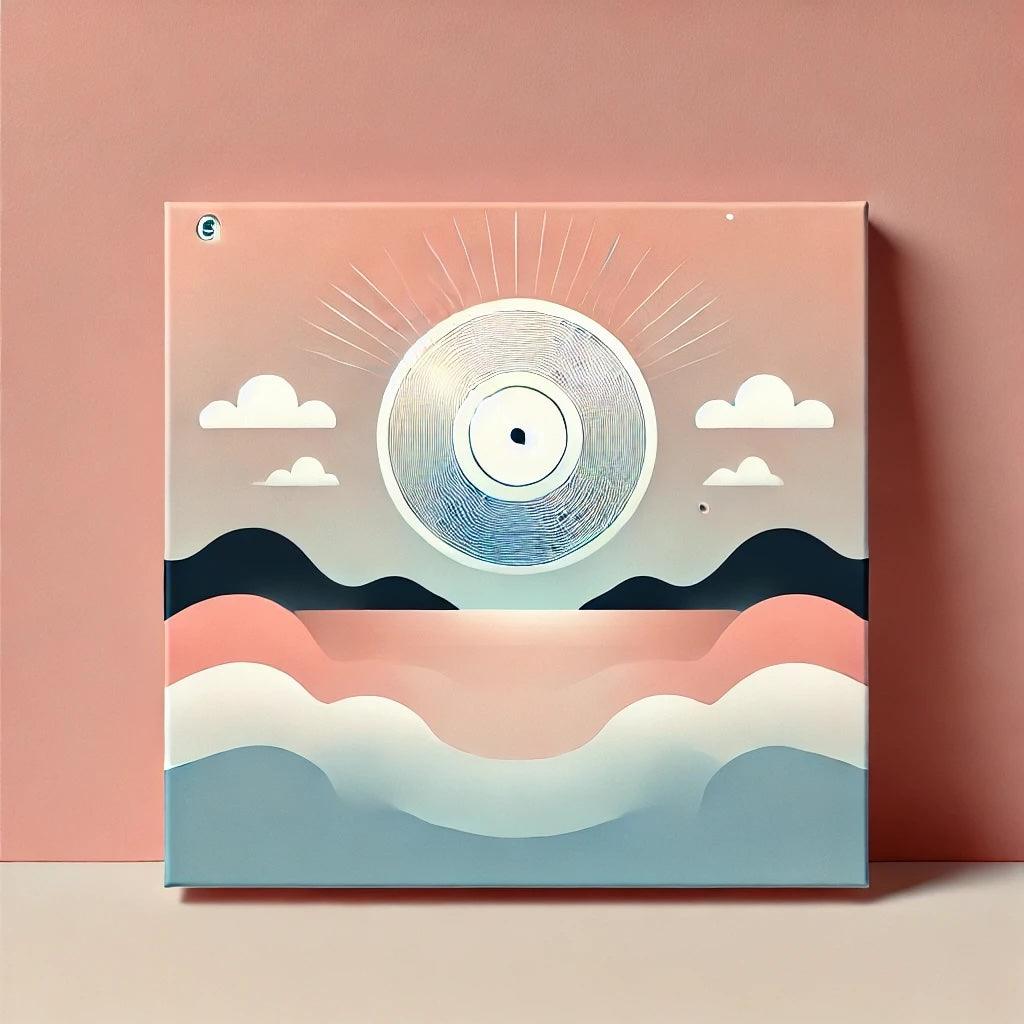 Minimalist pastel landscape art with sun, clouds, and hills, National Standard branding