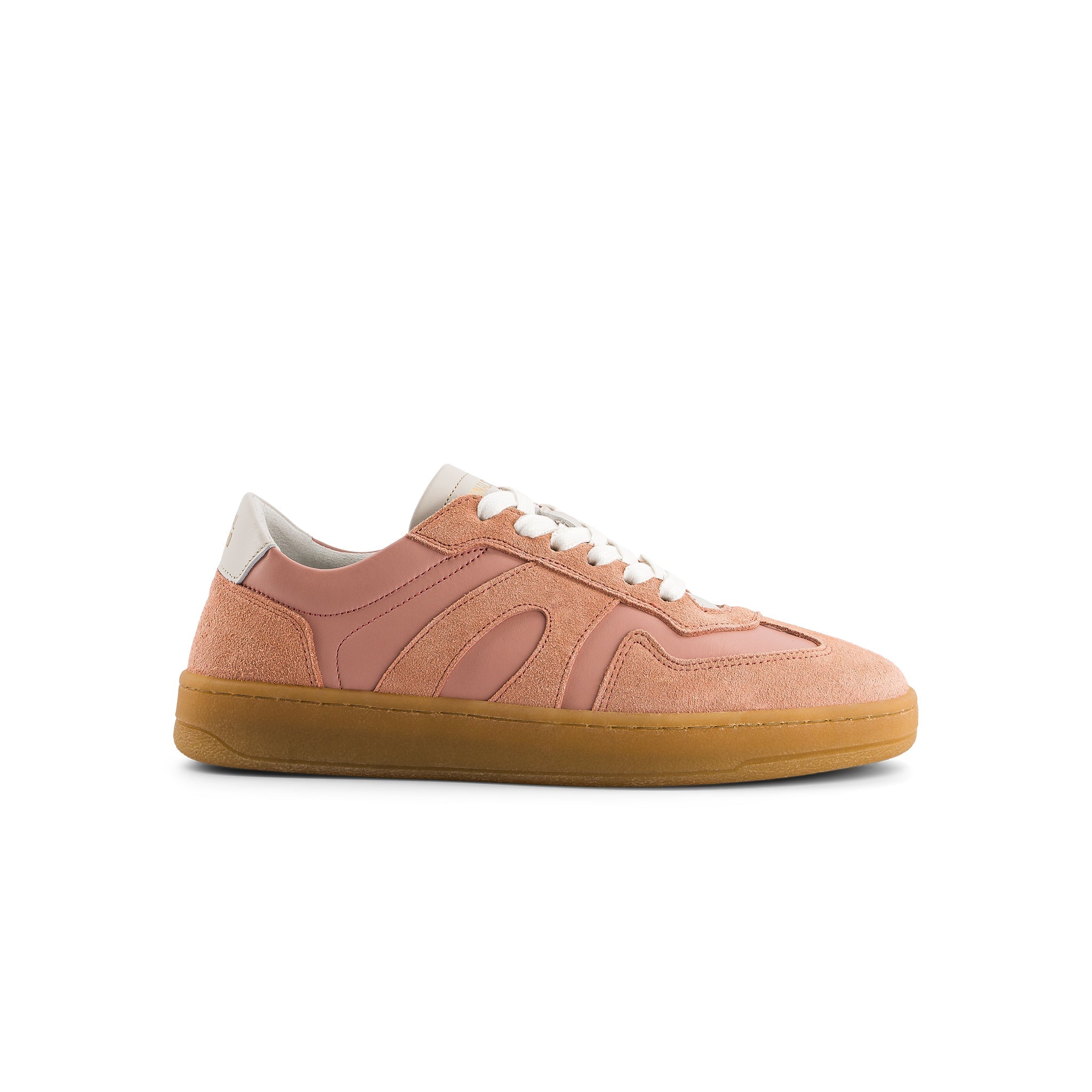 National Standard pink suede leather sneaker with white laces and gum sole on white background