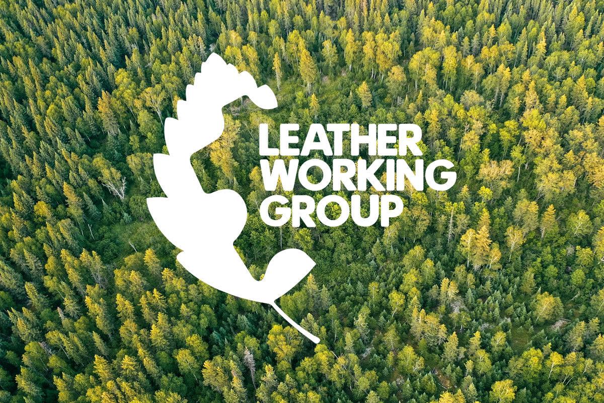 Leather Working Group logo over aerial green forest, eco-friendly leather certification