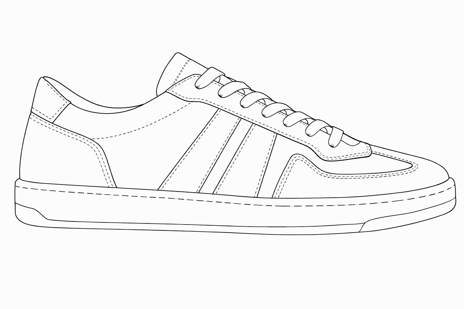 Line drawing of a National Standard premium sneaker, side view, showing stitching details
