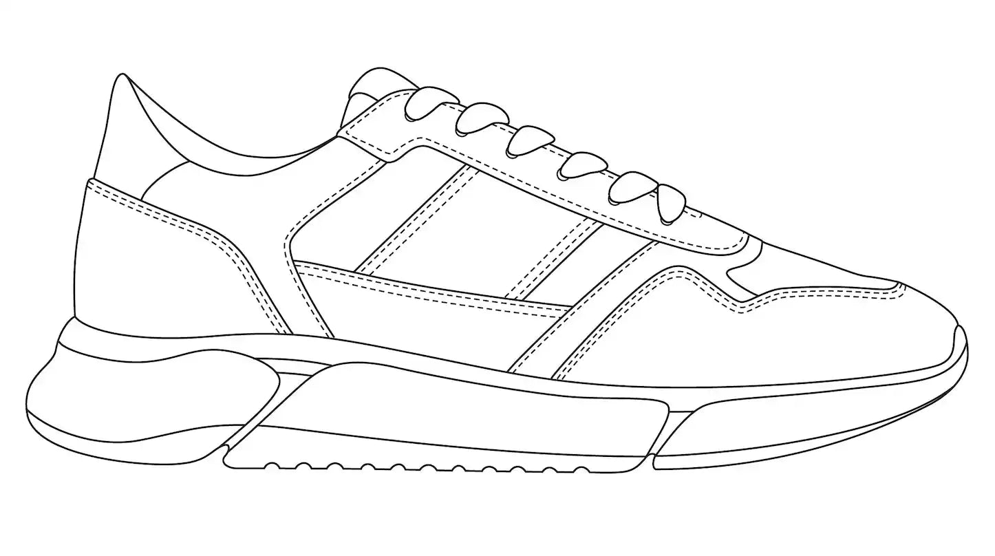 Line art of a National Standard premium sneaker with detailed stitching and modern sole