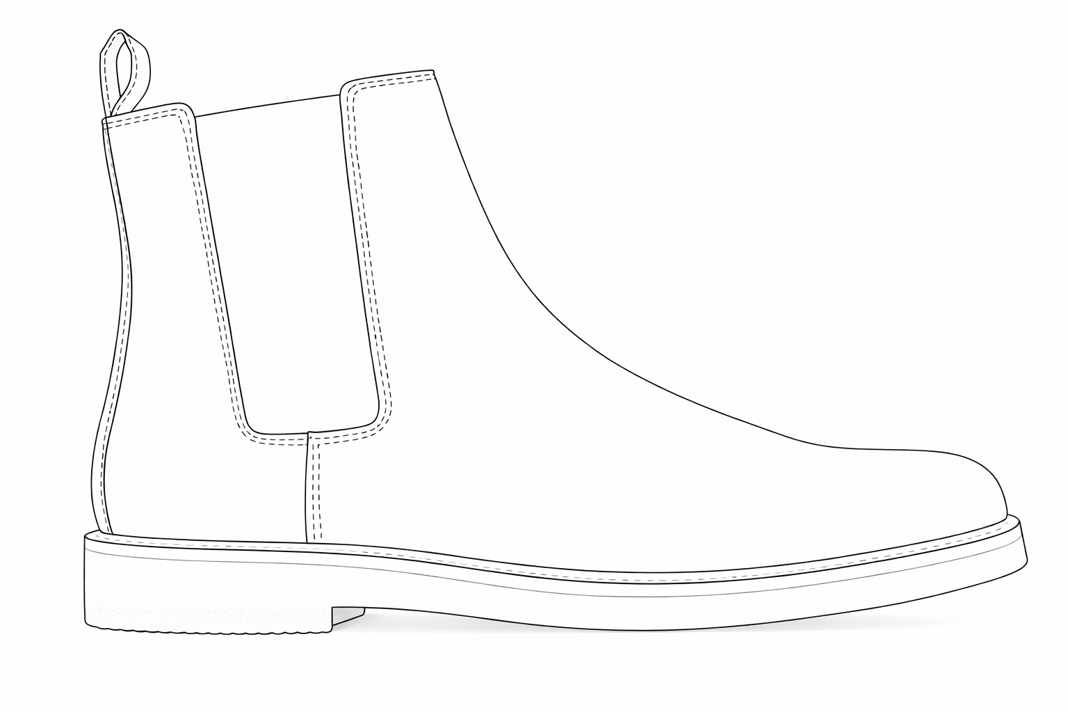Line art of a National Standard Chelsea boot, minimalist design, elastic side panel, branding.