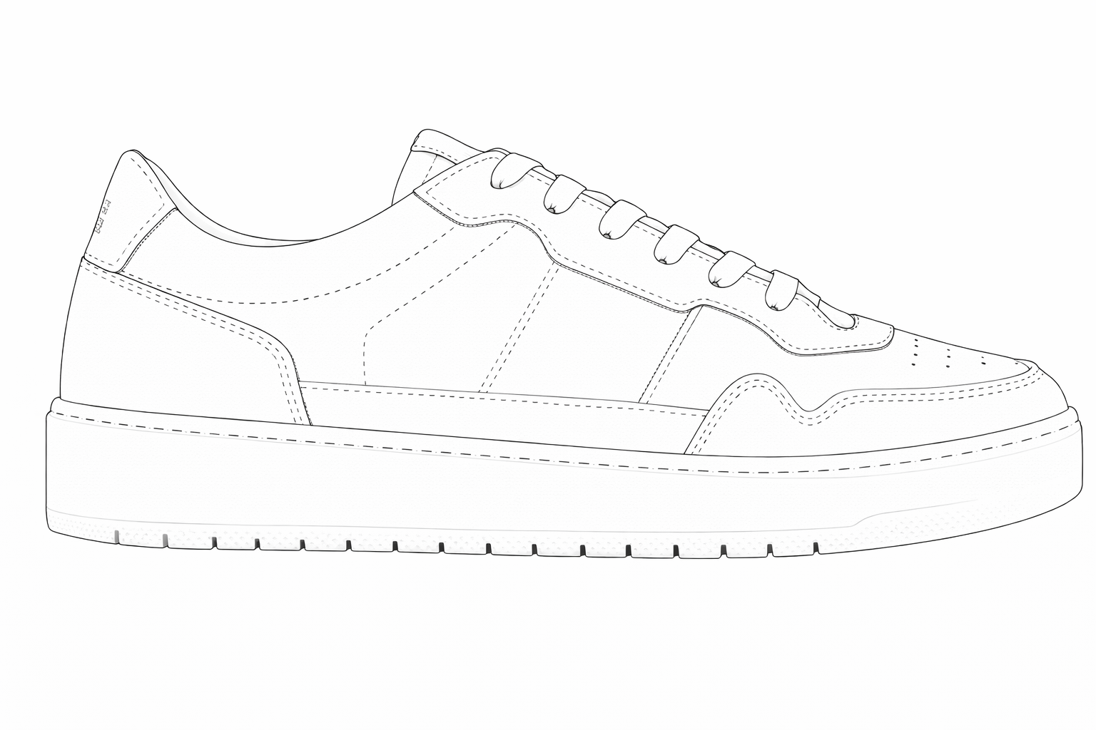 Line drawing of a National Standard premium sneaker, side view, with detailed stitching.
