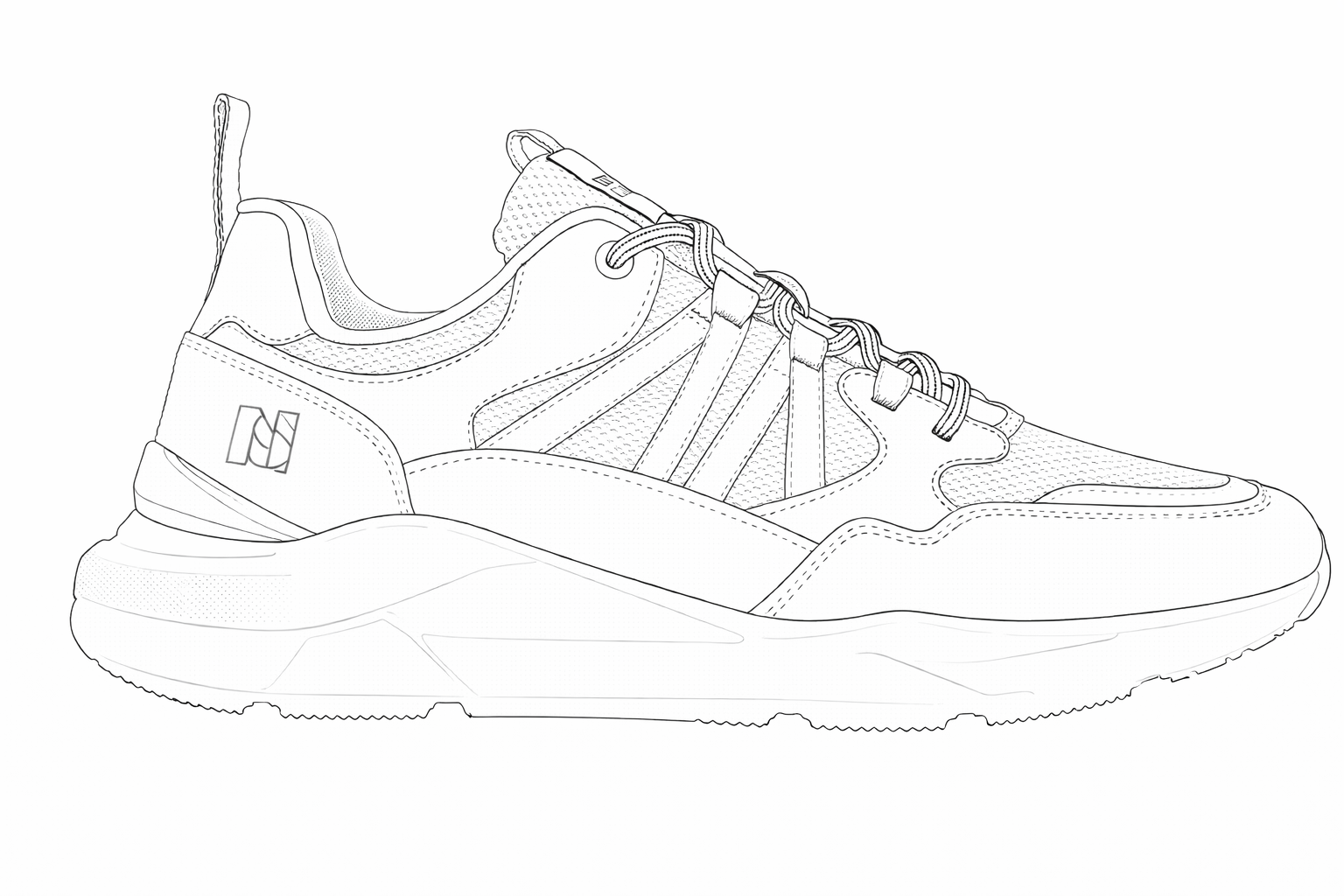 National Standard premium sneaker line drawing, side profile, highlighting modern design.